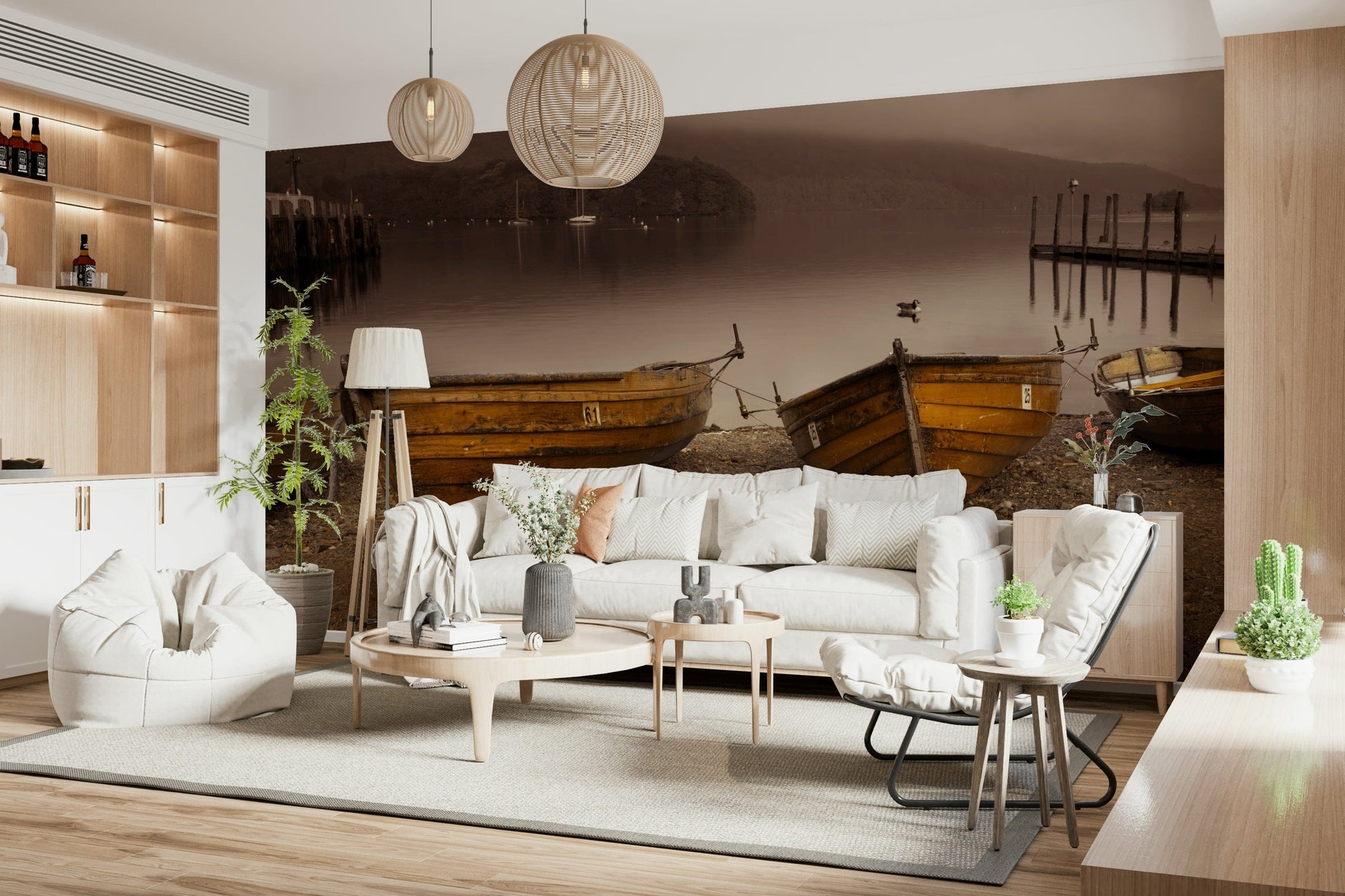 Nostalgic wallpaper with sepia-colored boats on a calm lakeside setting at dawn.