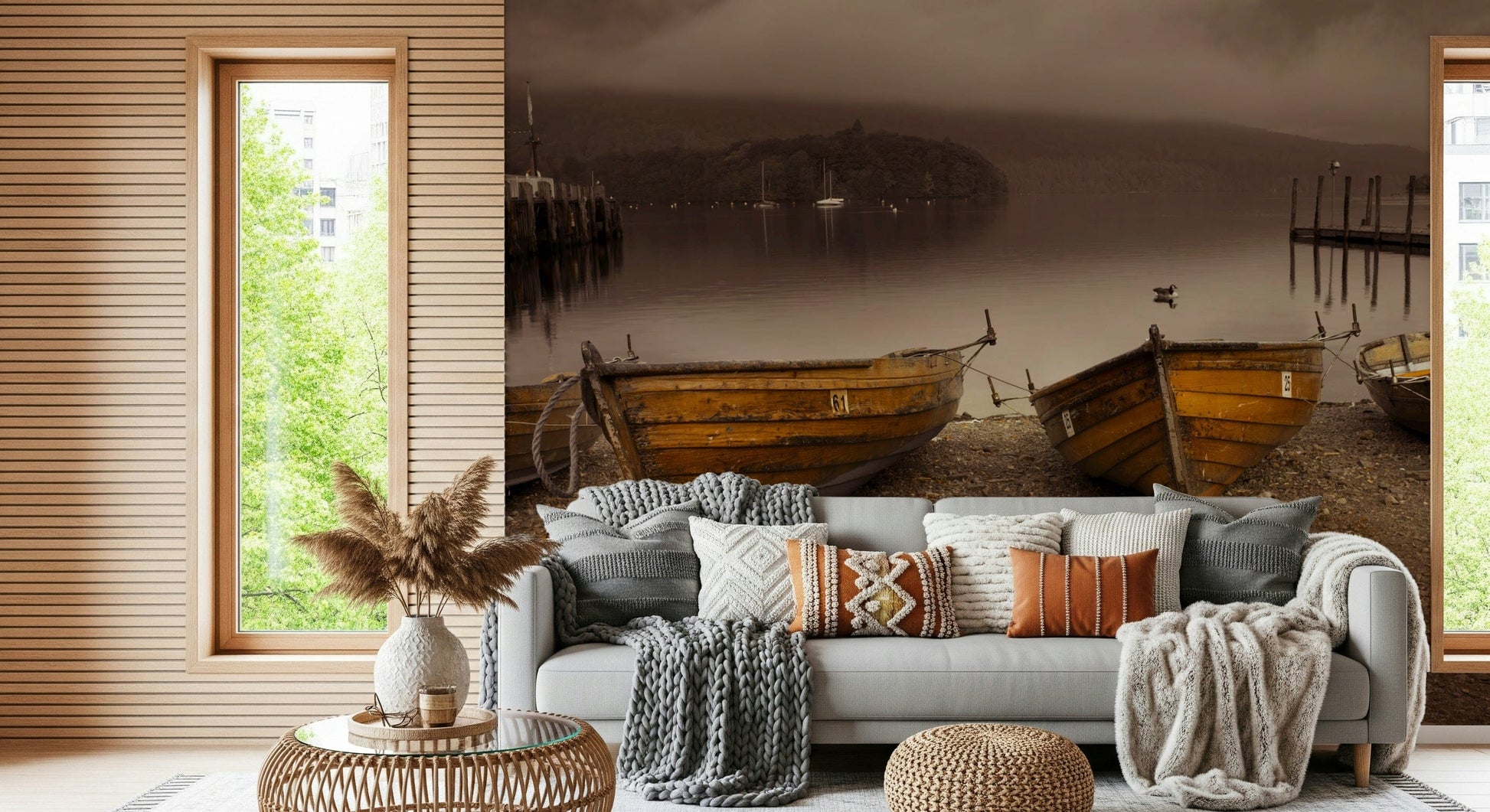 Rustic lakeside wallpaper with weathered wooden boats and a peaceful sepia landscape.