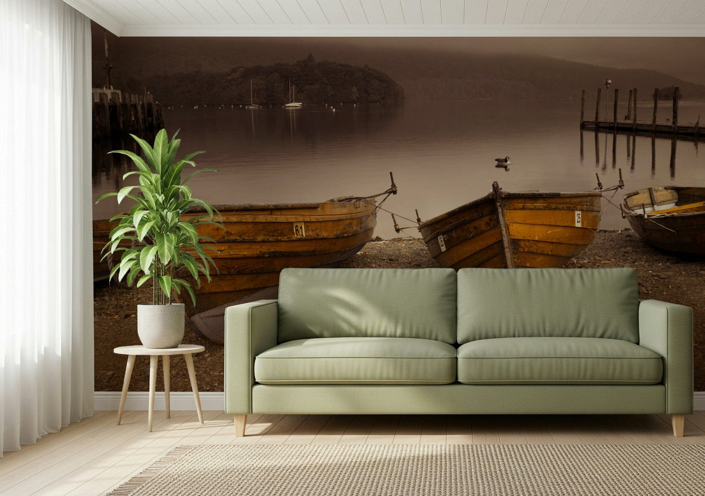 Vintage-style wallpaper showcasing sepia-toned boats on a tranquil lake with soft fog and distant hills.