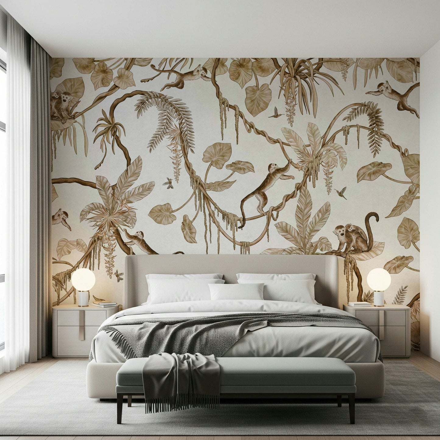 Exotic botanical mural featuring monkeys resting on flowering branches
