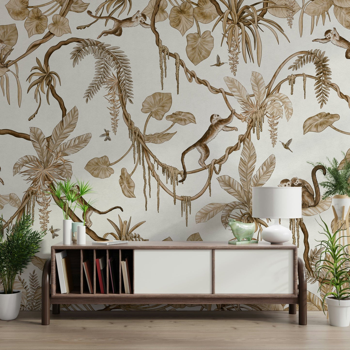 Tropical wall art with mischievous monkeys in a dense jungle setting