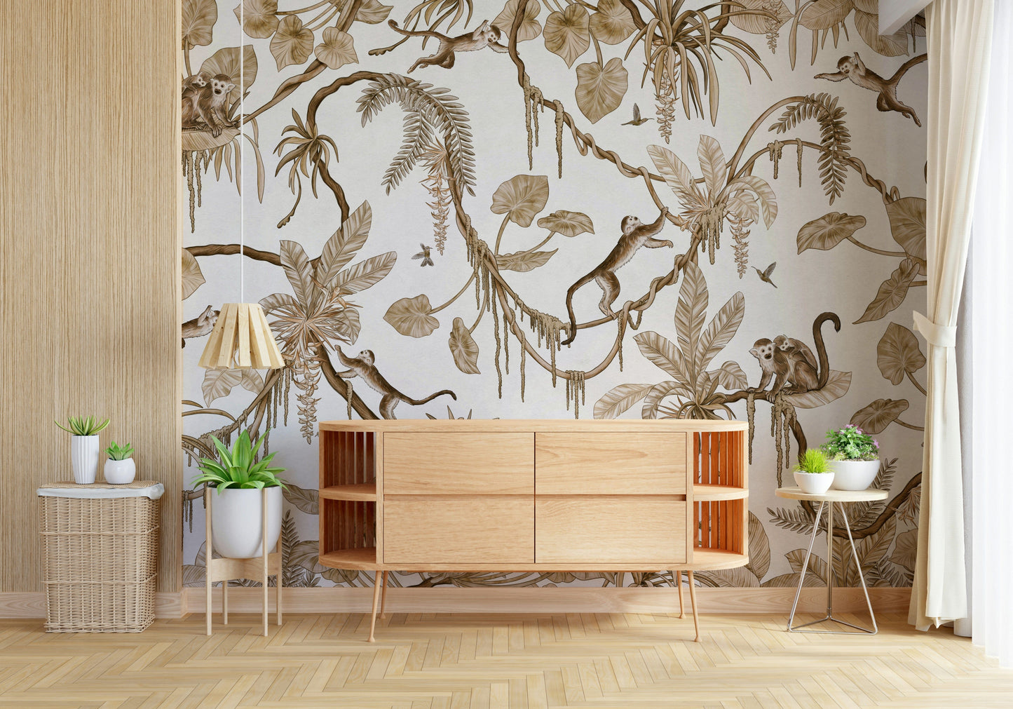 Whimsical botanical mural showing monkeys interacting with tropical plants