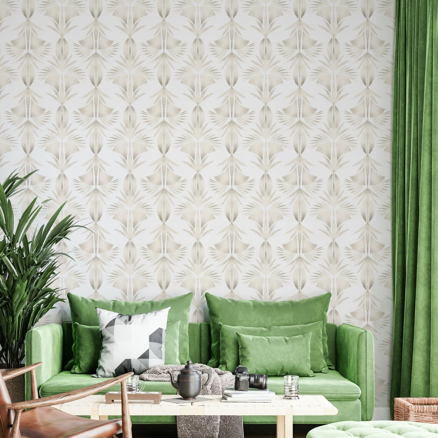 A contemplative palm leaf pattern wallpaper mural for a feature wall.

