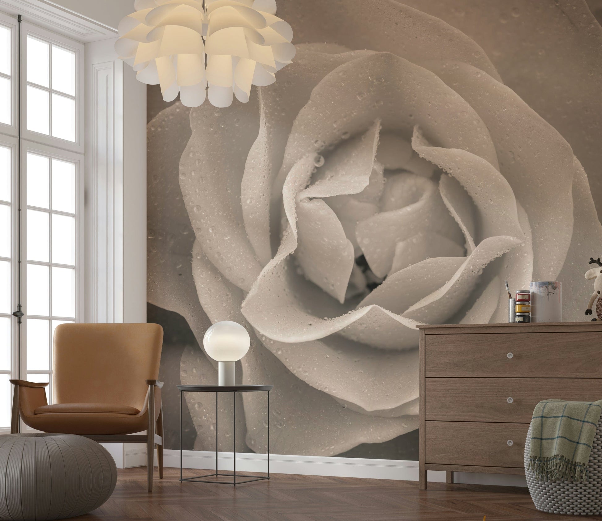 Close-up sepia rose mural showing detailed petal edges and natural water droplets.
