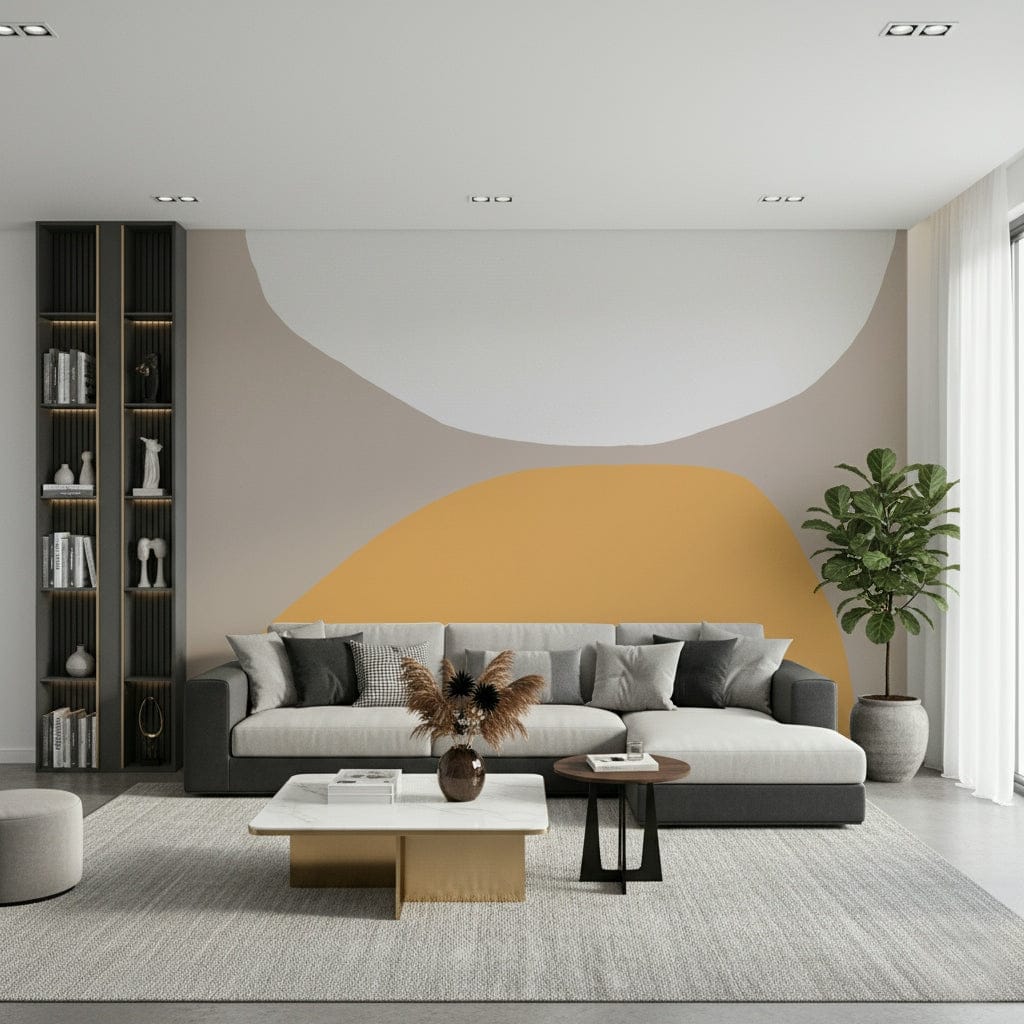 A peaceful modern abstract mural on decorative wallpaper.
