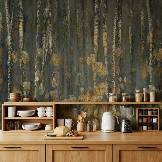 Autumn Woods wallpaper mural of birch trunks and golden leaves behind a wood kitchen counter with dishware