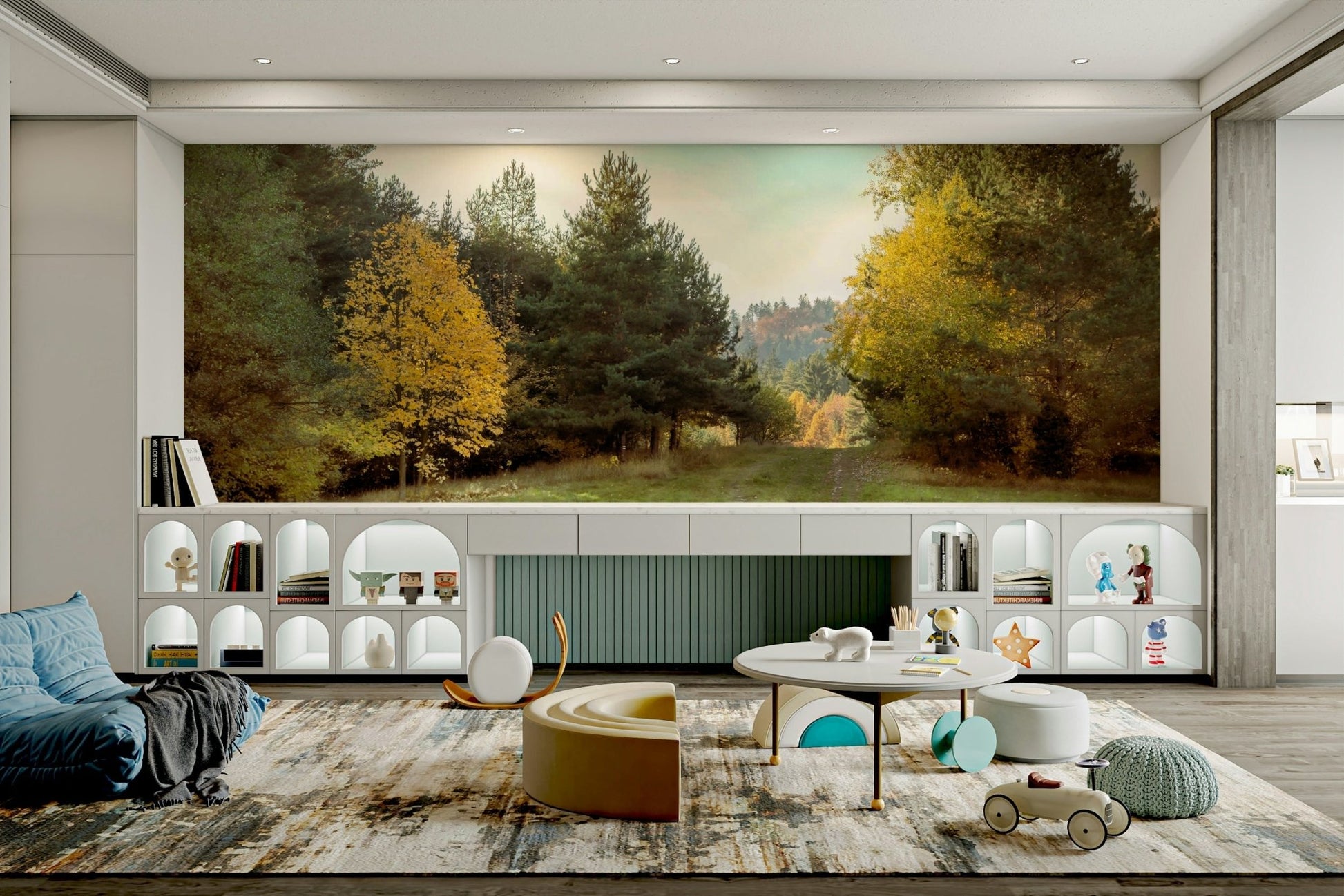 The wall mural is installed on a feature wall in a bedroom.

