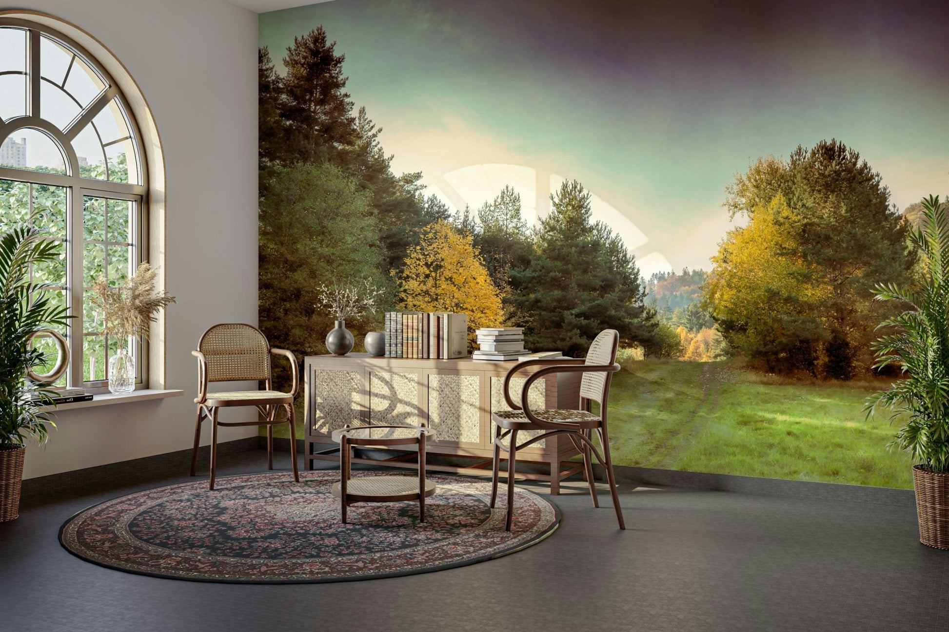 The wallpaper is applied smoothly, making the path seem to continue into the room.

