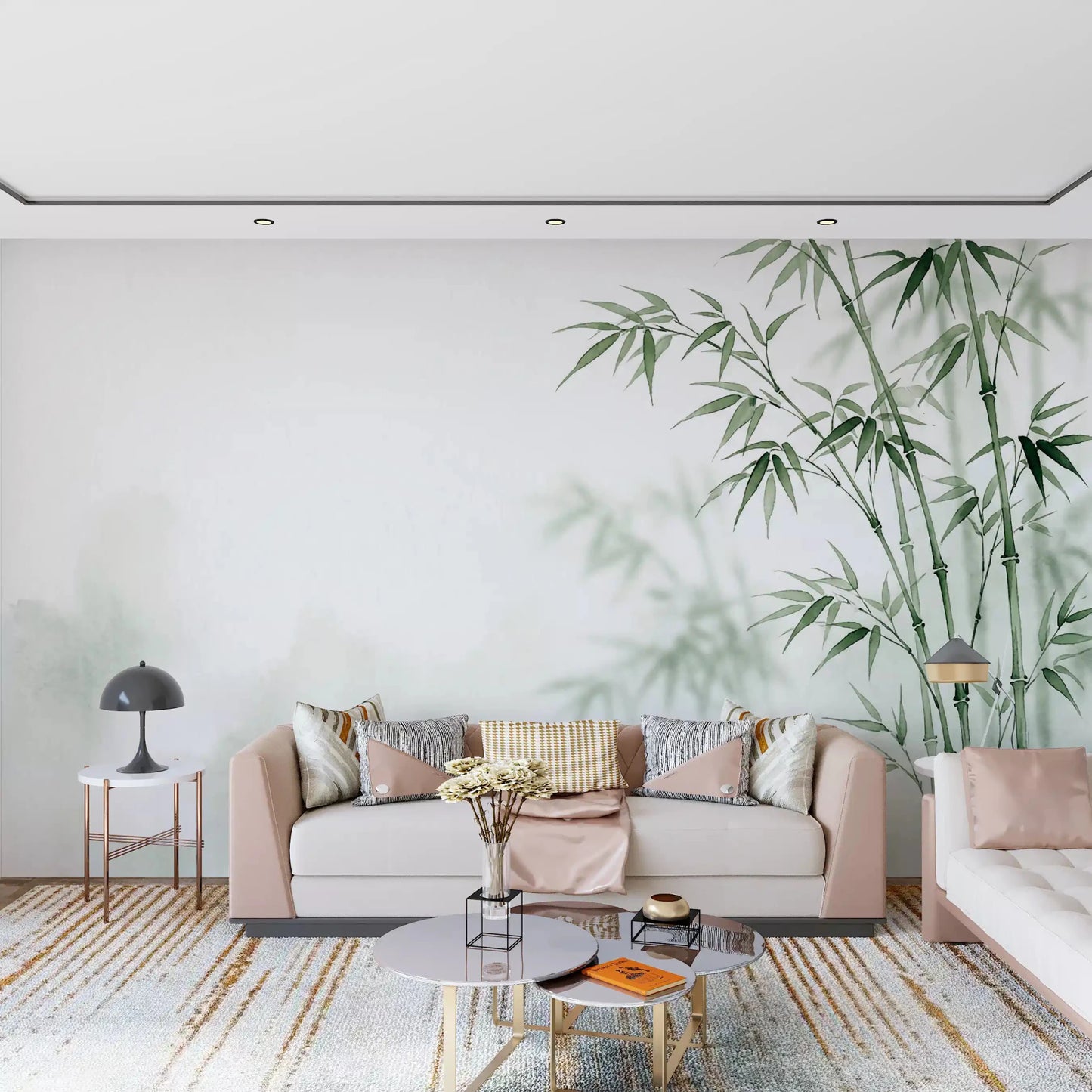 Peaceful bamboo mural with misty background, perfect for hallways.