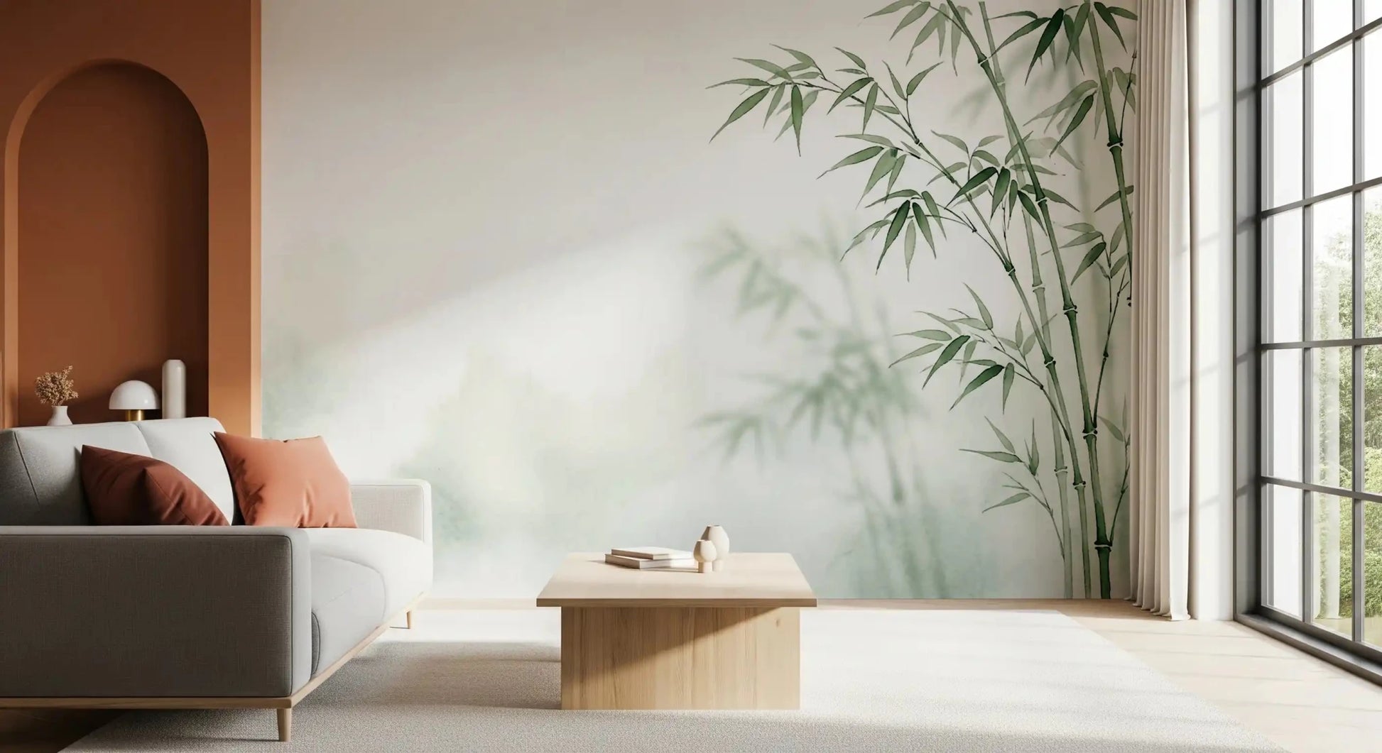 Serene bamboo wall mural with faded shadows for a calm effect.