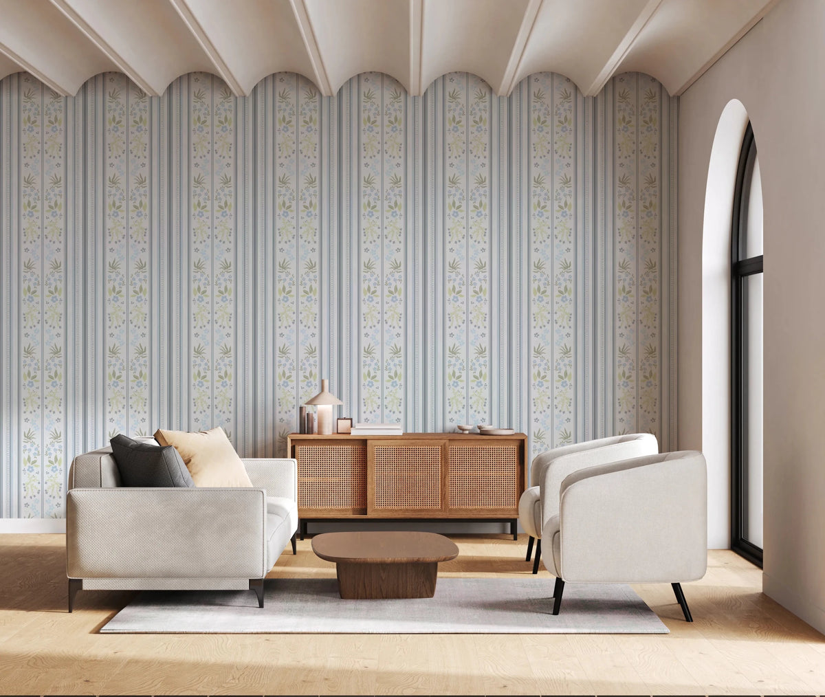 Serene Blue Cottagecore Floral Stripes Whimsical Wallpaper