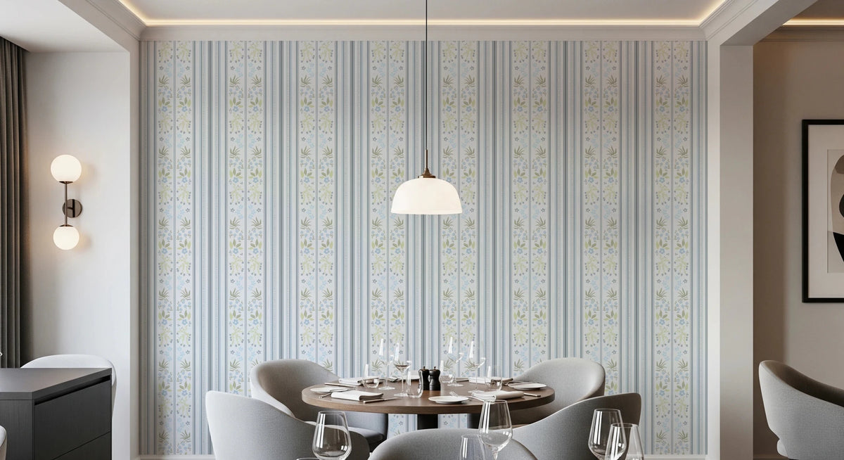 Serene Blue Cottagecore Floral Stripes Whimsical Wallpaper