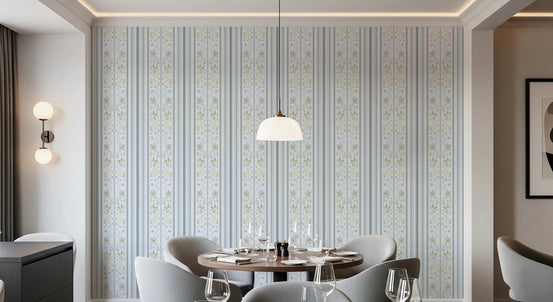 Serene Blue Cottagecore Floral Stripes whimsical Wallpaper⁠