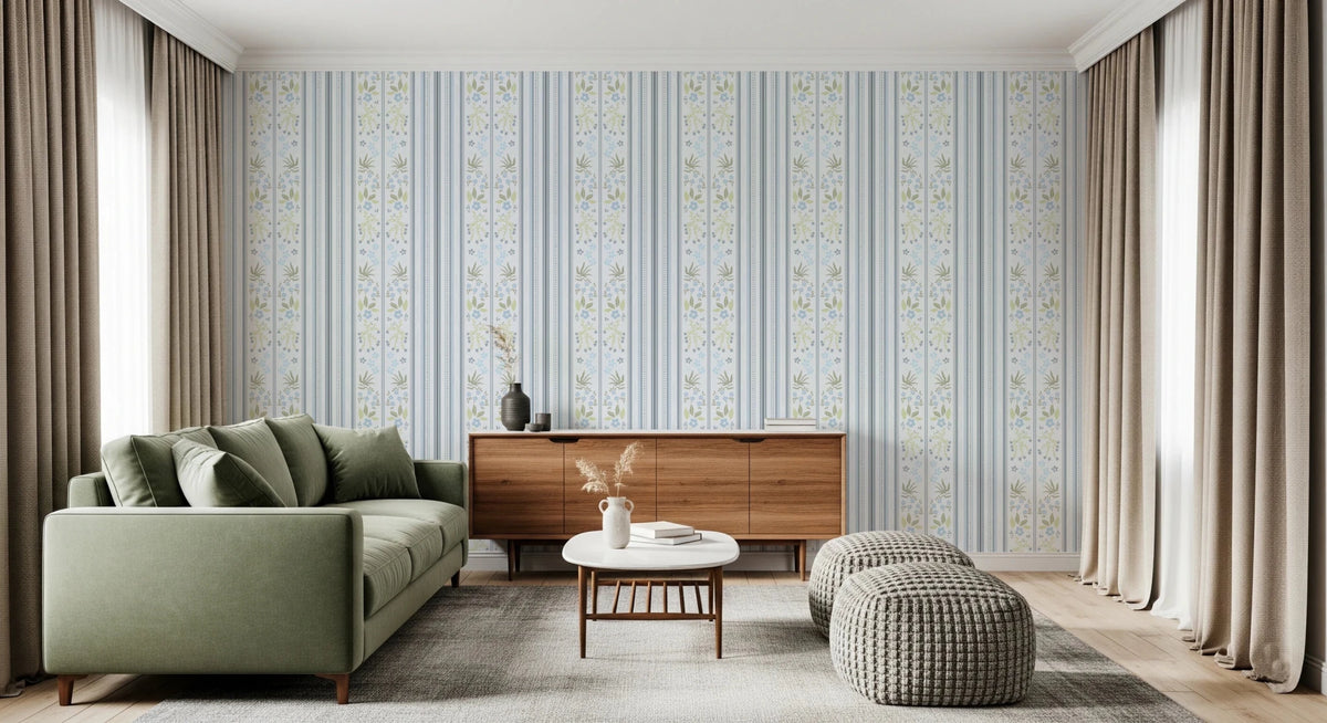 Serene Blue Cottagecore Floral Stripes Whimsical Wallpaper