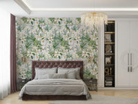 Detailed view of soft floral petals and greenery in Serene Botanical Bloom wallpaper.

