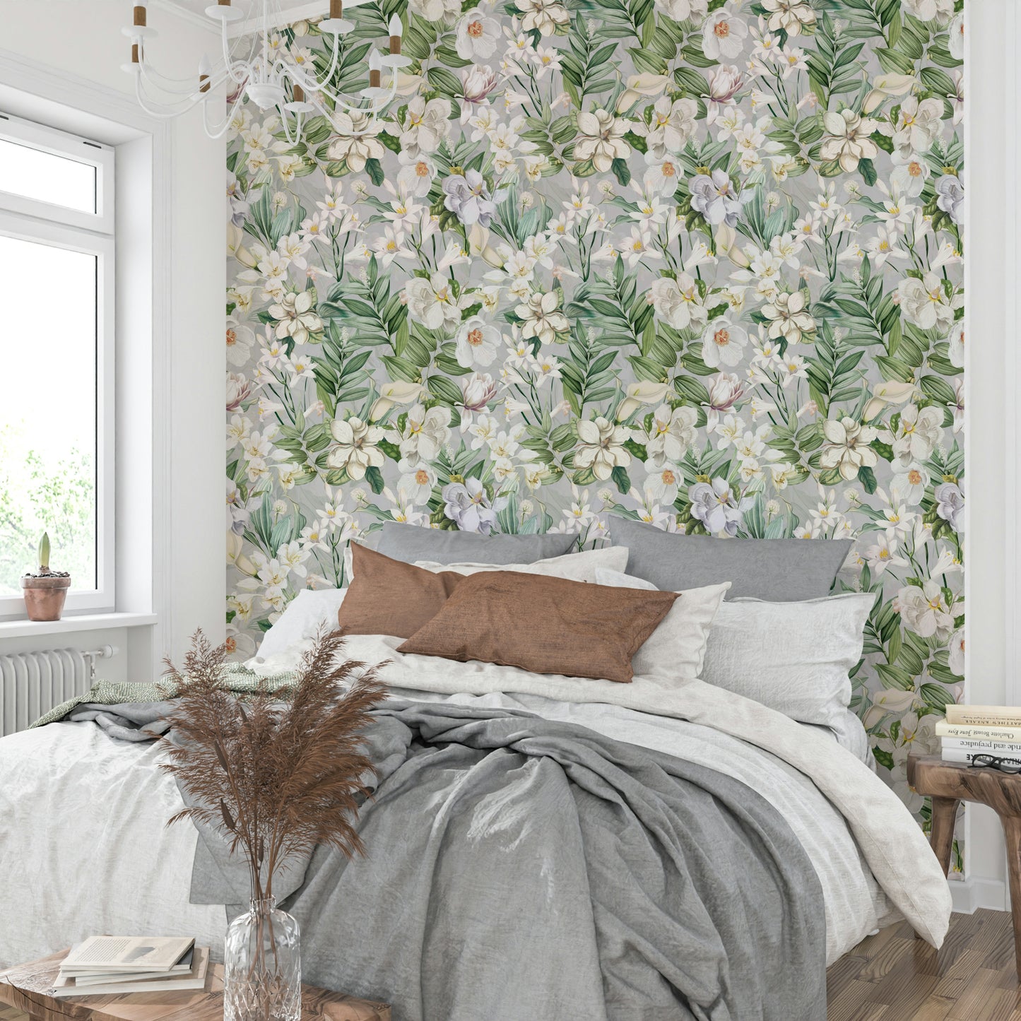 Serene floral wallpaper with gentle blooms and soft green tones.

