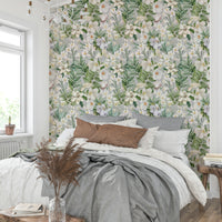 Serene floral wallpaper with gentle blooms and soft green tones.

