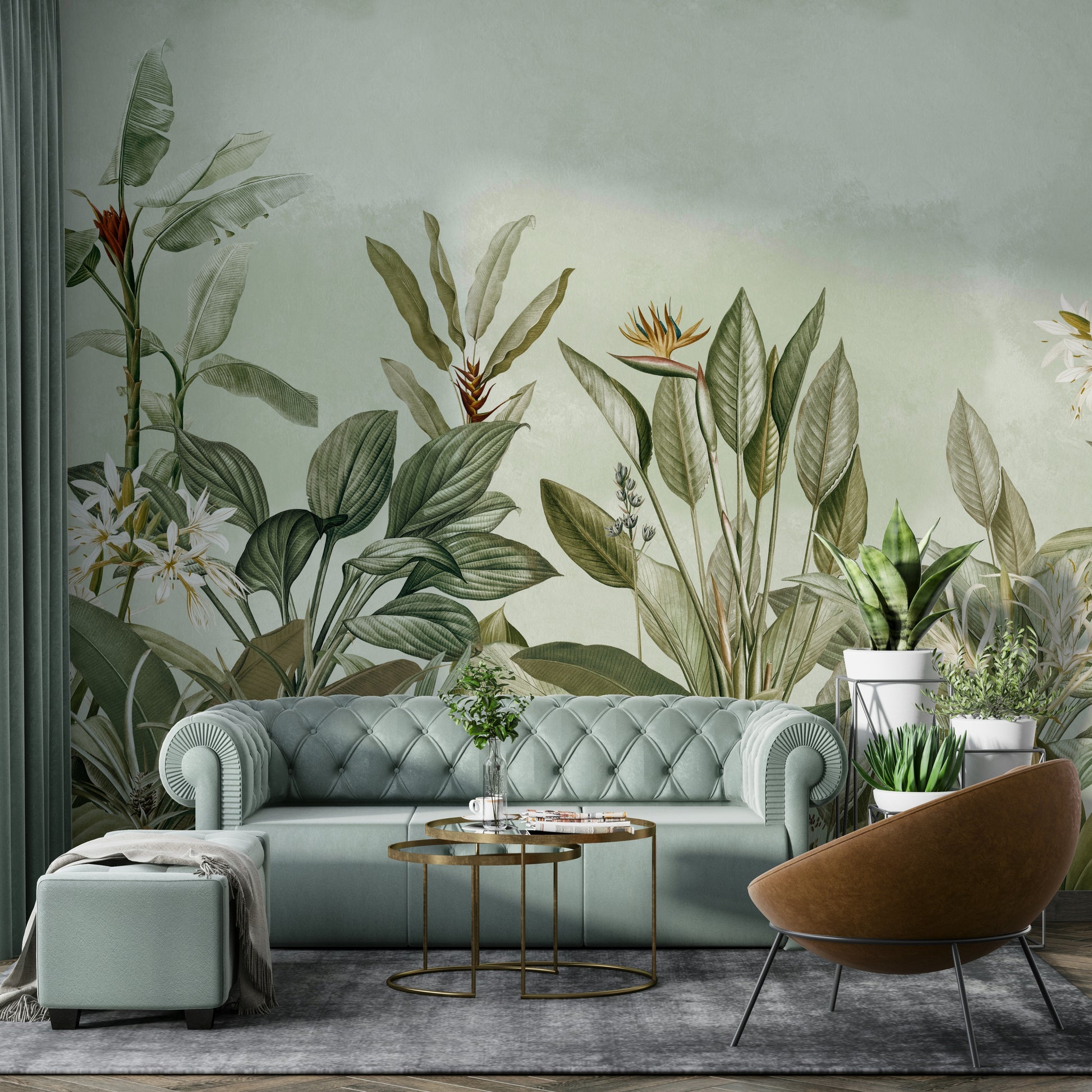 Nature-inspired mural with vibrant green leaves

