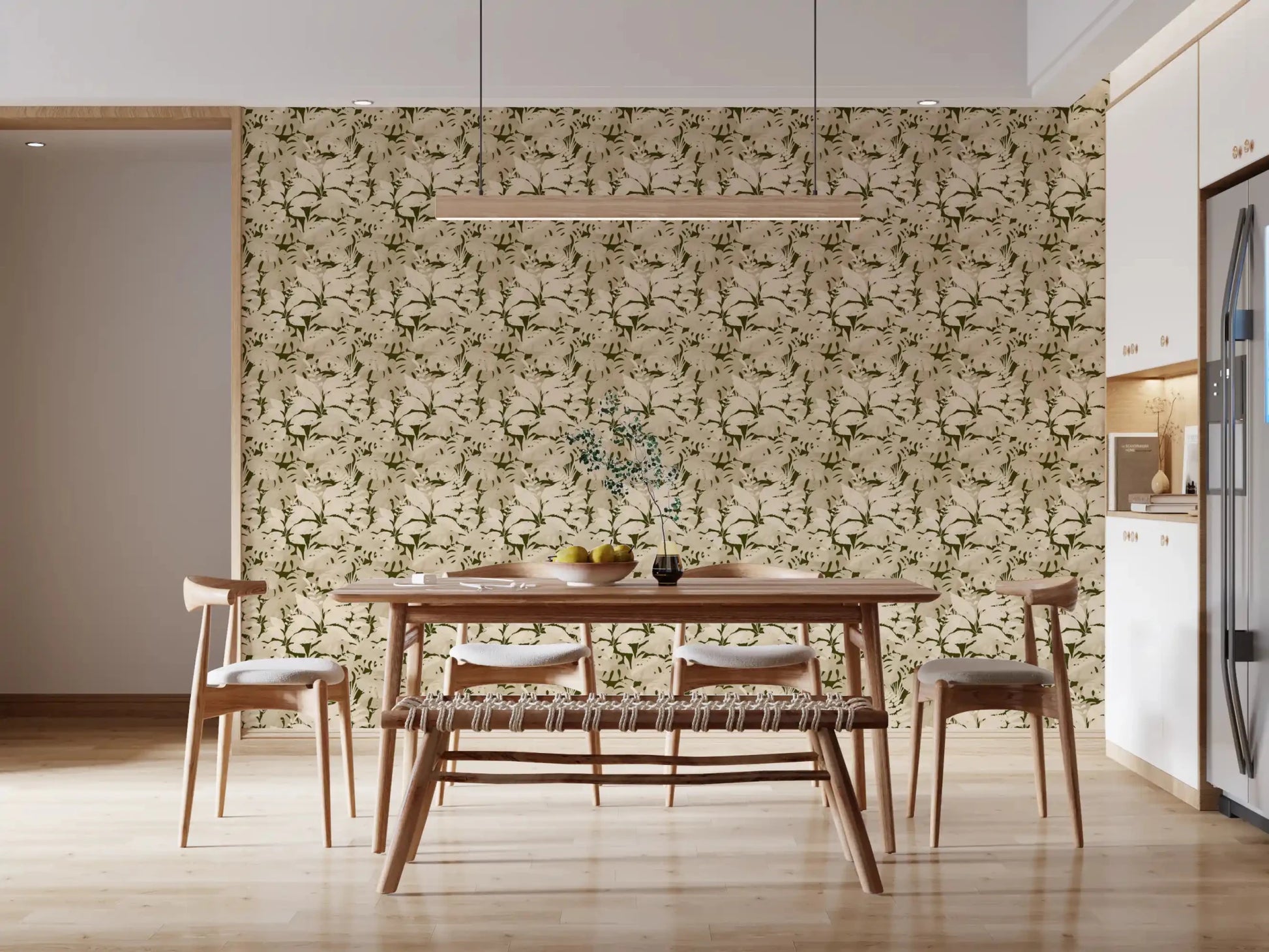 Dining room Serene Botanical Rustic Monstera wallpaper with repeat pattern