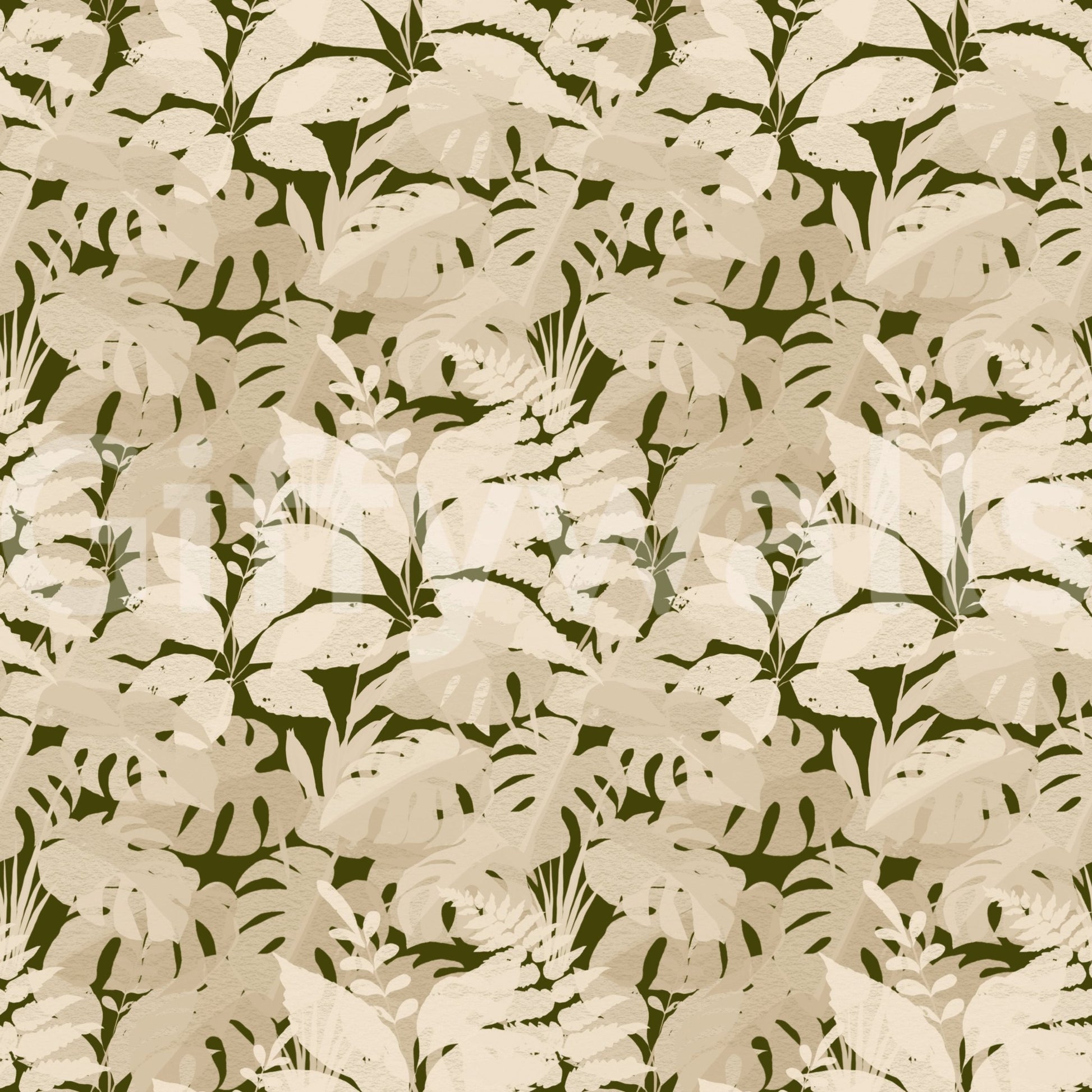 Rustic botanical wallpaper with layered monstera leaf pattern