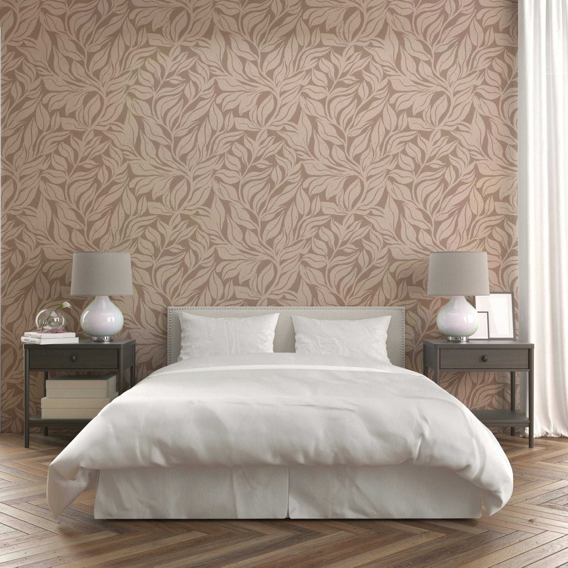 Soft botanical leaf wallpaper for living room walls

