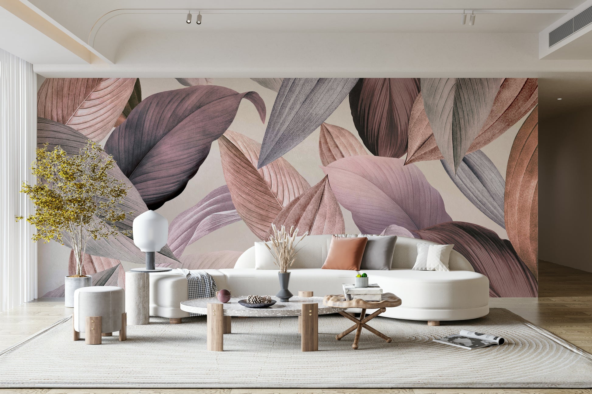 Elegant botanical wall mural with soft green tones

