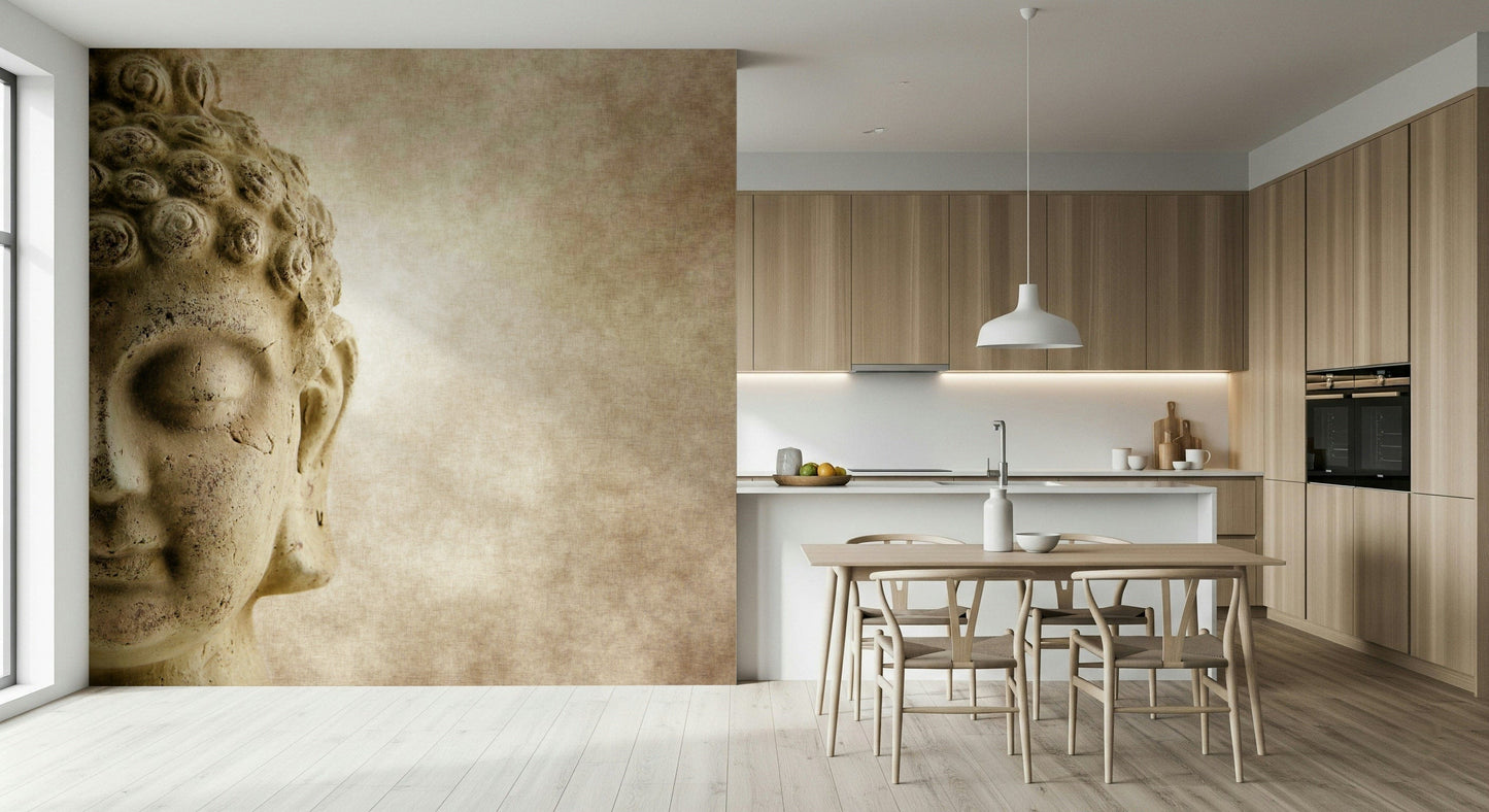 Buddha's Grace Wall Mural in a calm living room with neutral colors