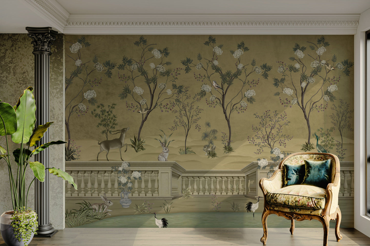 The view shows the birds and flowers in a simple, elegant way.