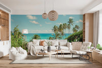 Bright serene beach landscape wallpaper showing exotic palms by the sea.