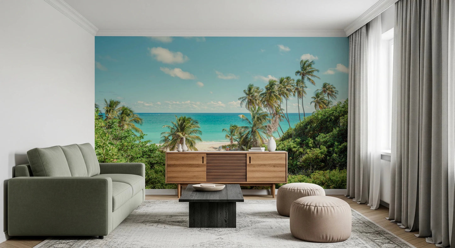 Coastal theme wall mural capturing a peaceful sandy cove and clear horizon.