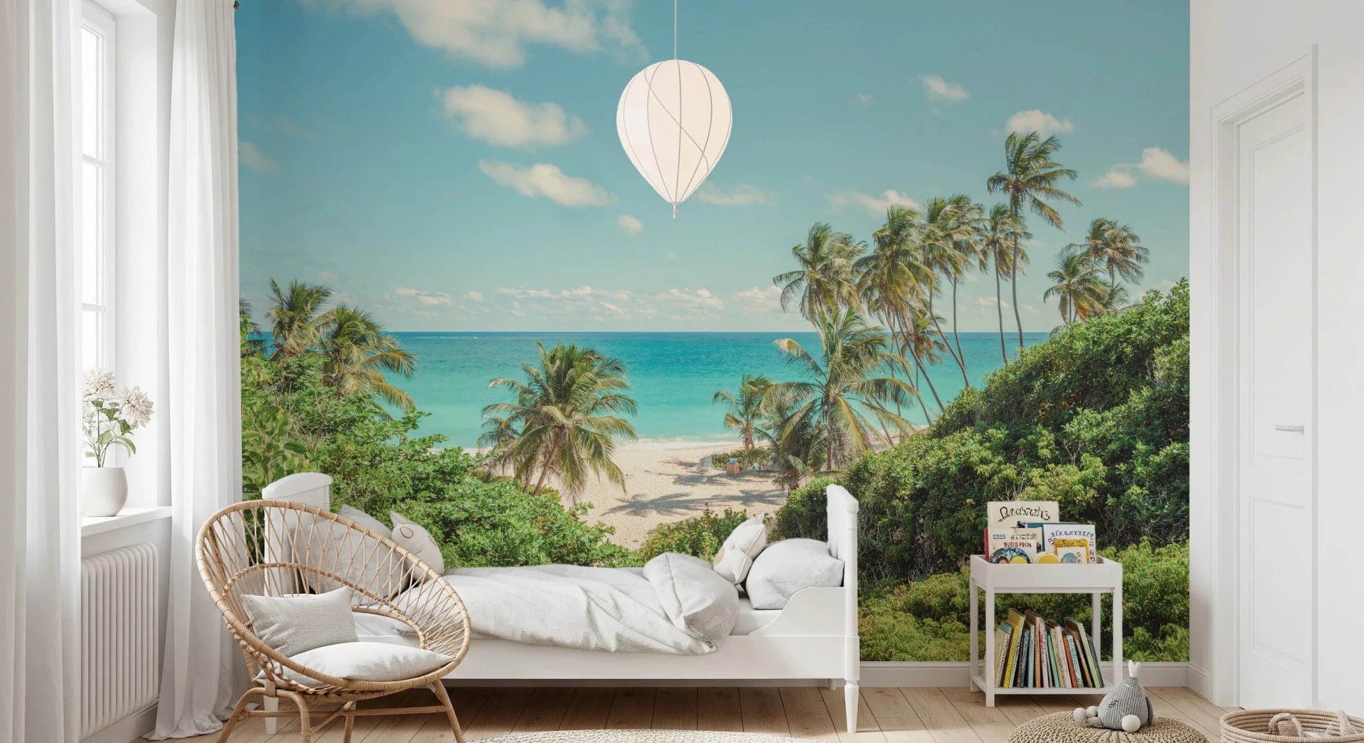Serene Coastal Paradise wallpaper featuring a sandy shore under bright skies.