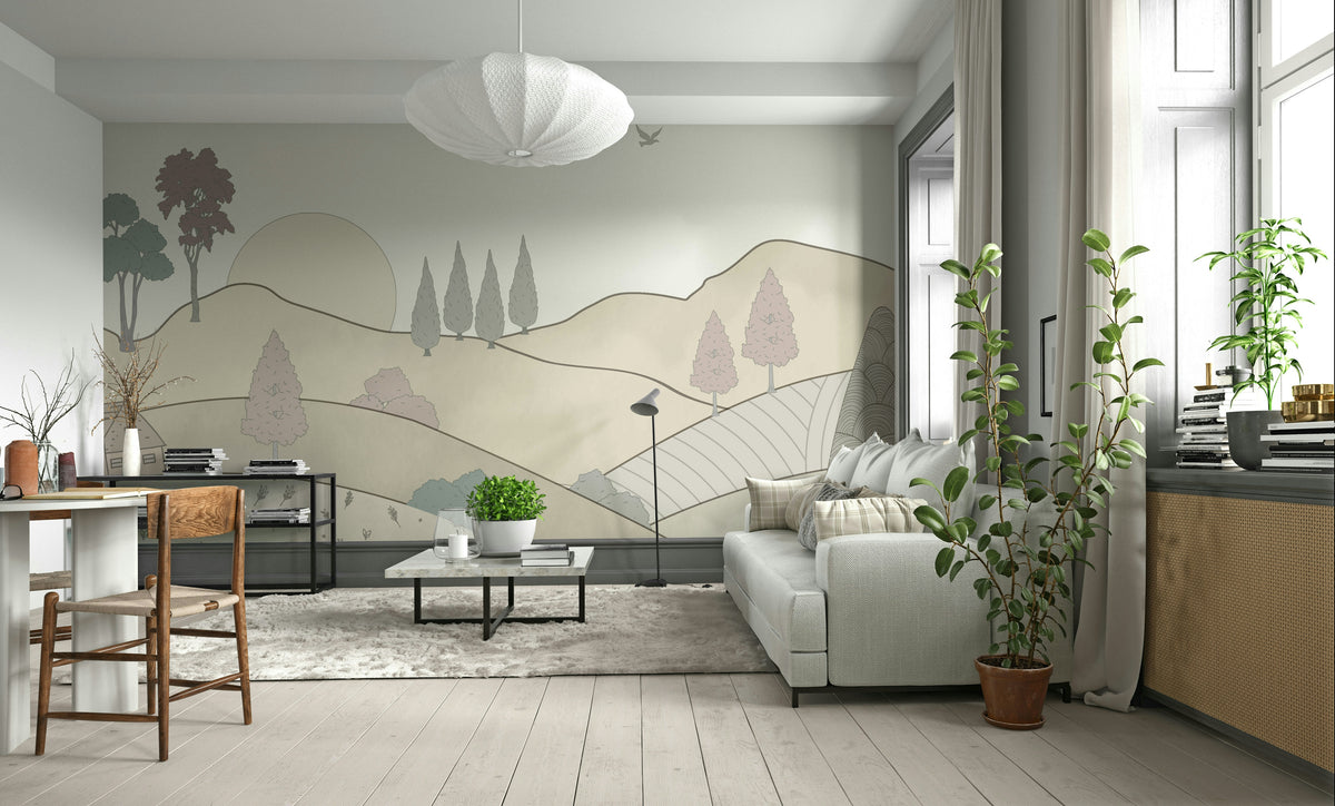 Serene Countryside Dreamscape wallpaper behind a white sofa with a paper globe pendant in a living room
