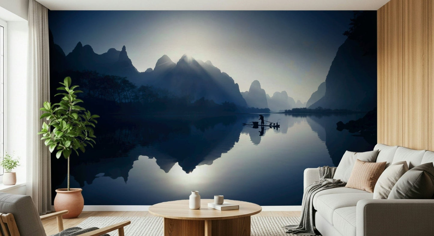 Contemporary flat interior with a large mountain mural in the sitting room.