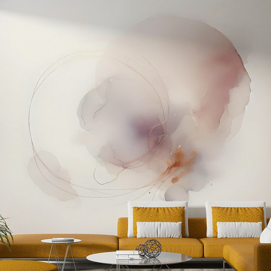 Abstract blue watercolor waves in a modern apartment living room.