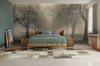 A peaceful tree-lined lane mural on decorative wallpaper.

