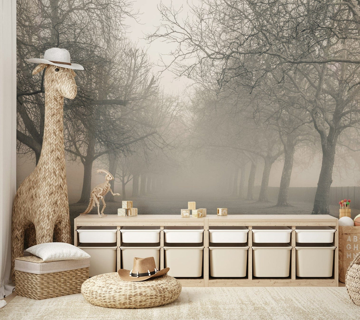 A graceful subtle fog texture wall mural in cool, natural tones.

