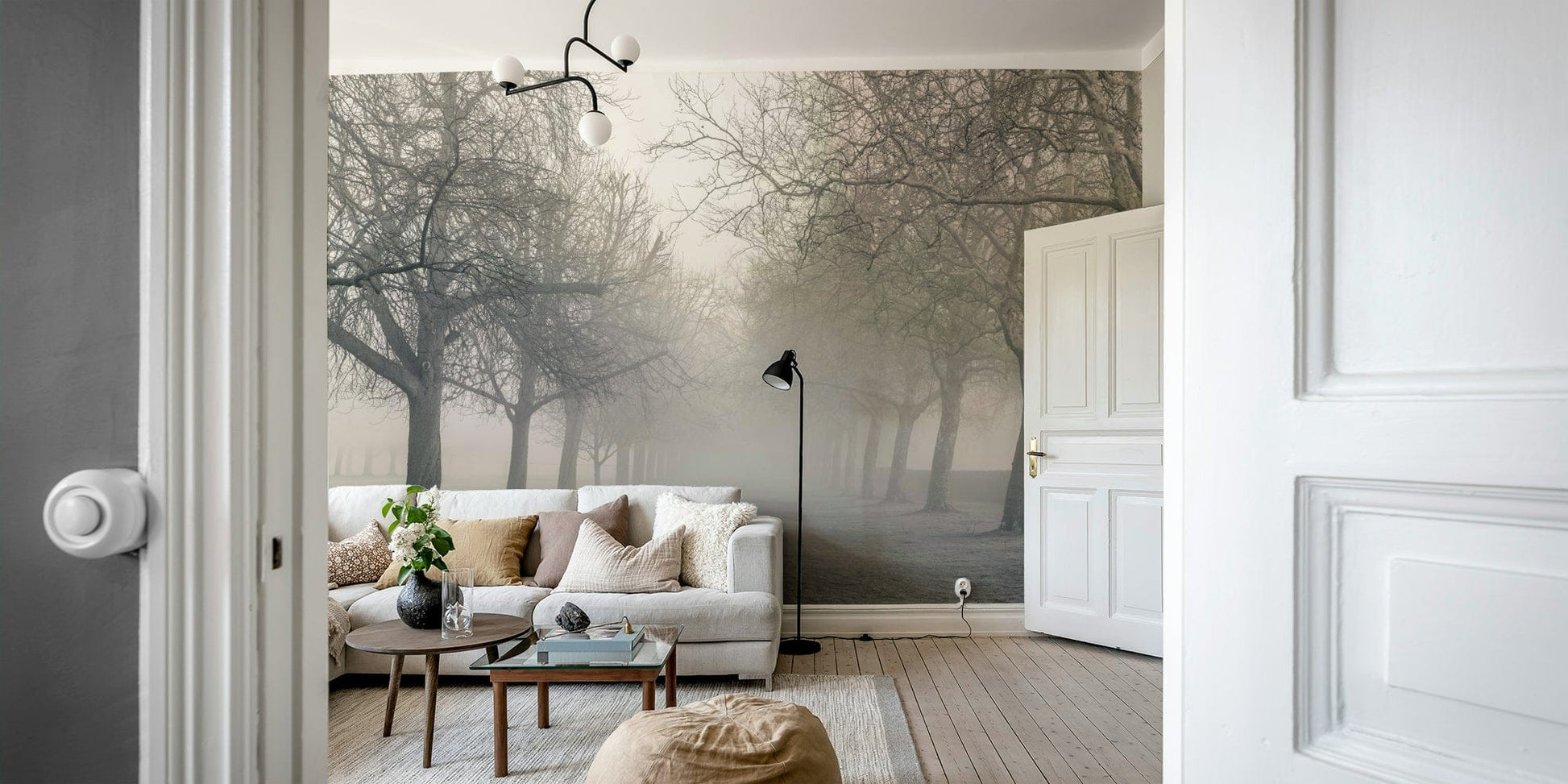 A tranquil foggy path wall mural for your decor.

