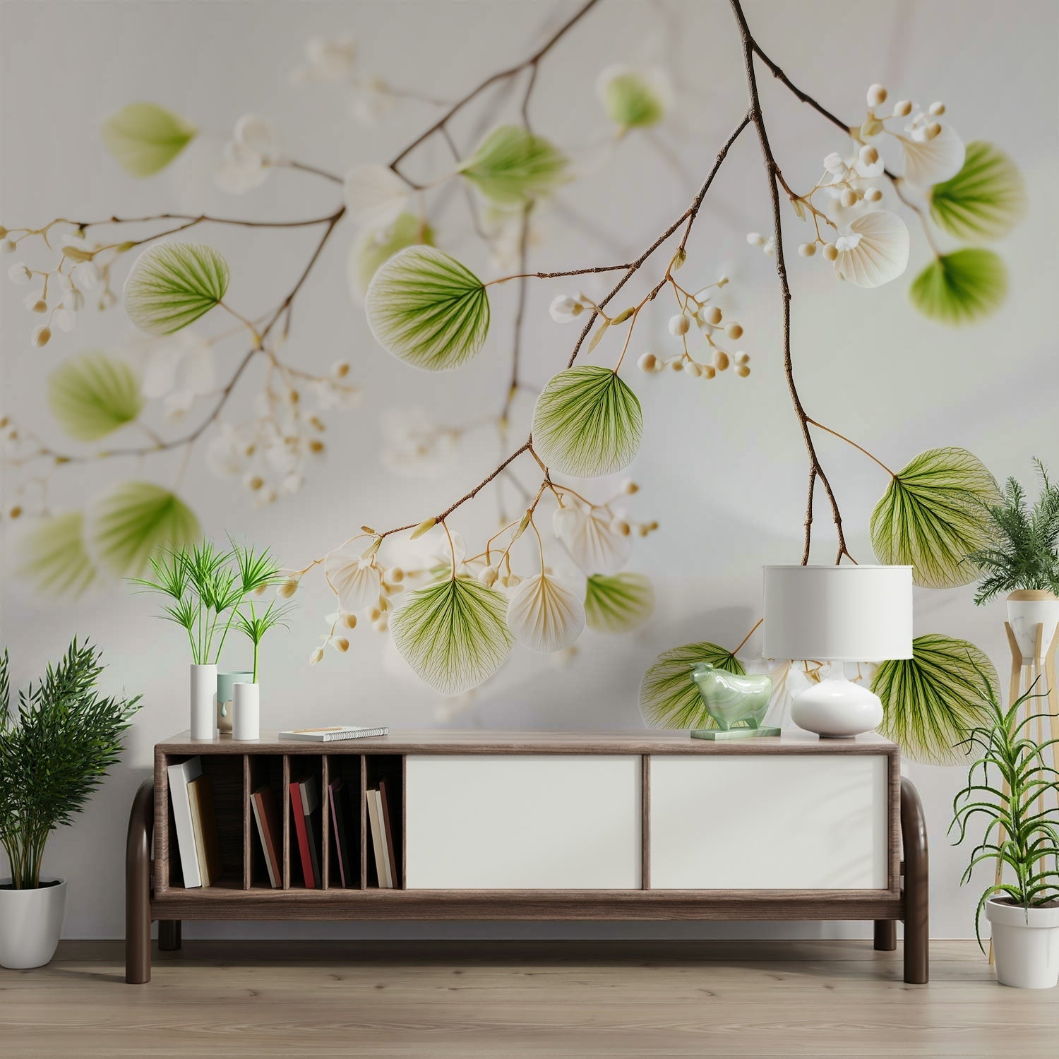 Subtle foliage mural in soft shades

