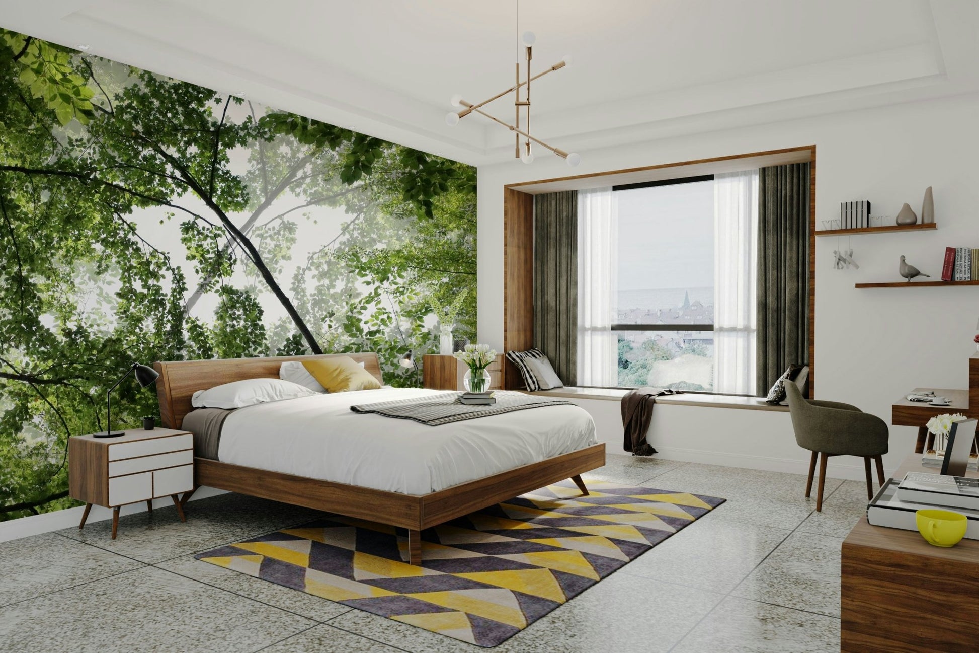 Peaceful view looking up into a green forest canopy on a wall.

