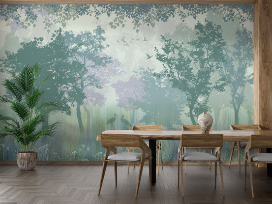 Serene herons in a lush forest mural design
