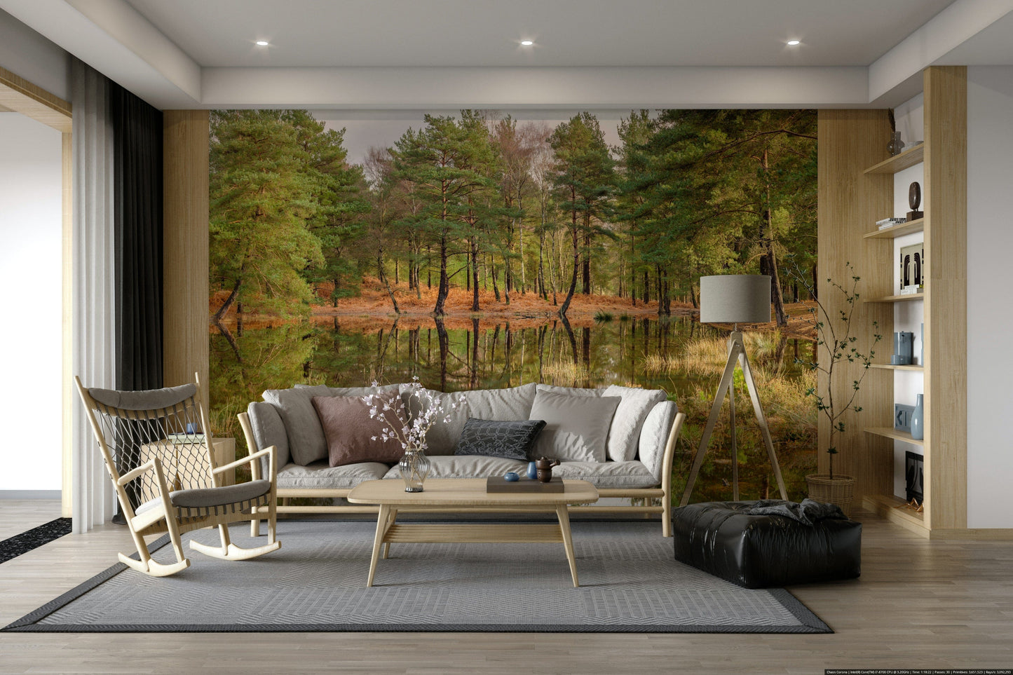 The wallpaper is perfect for a peaceful space.

