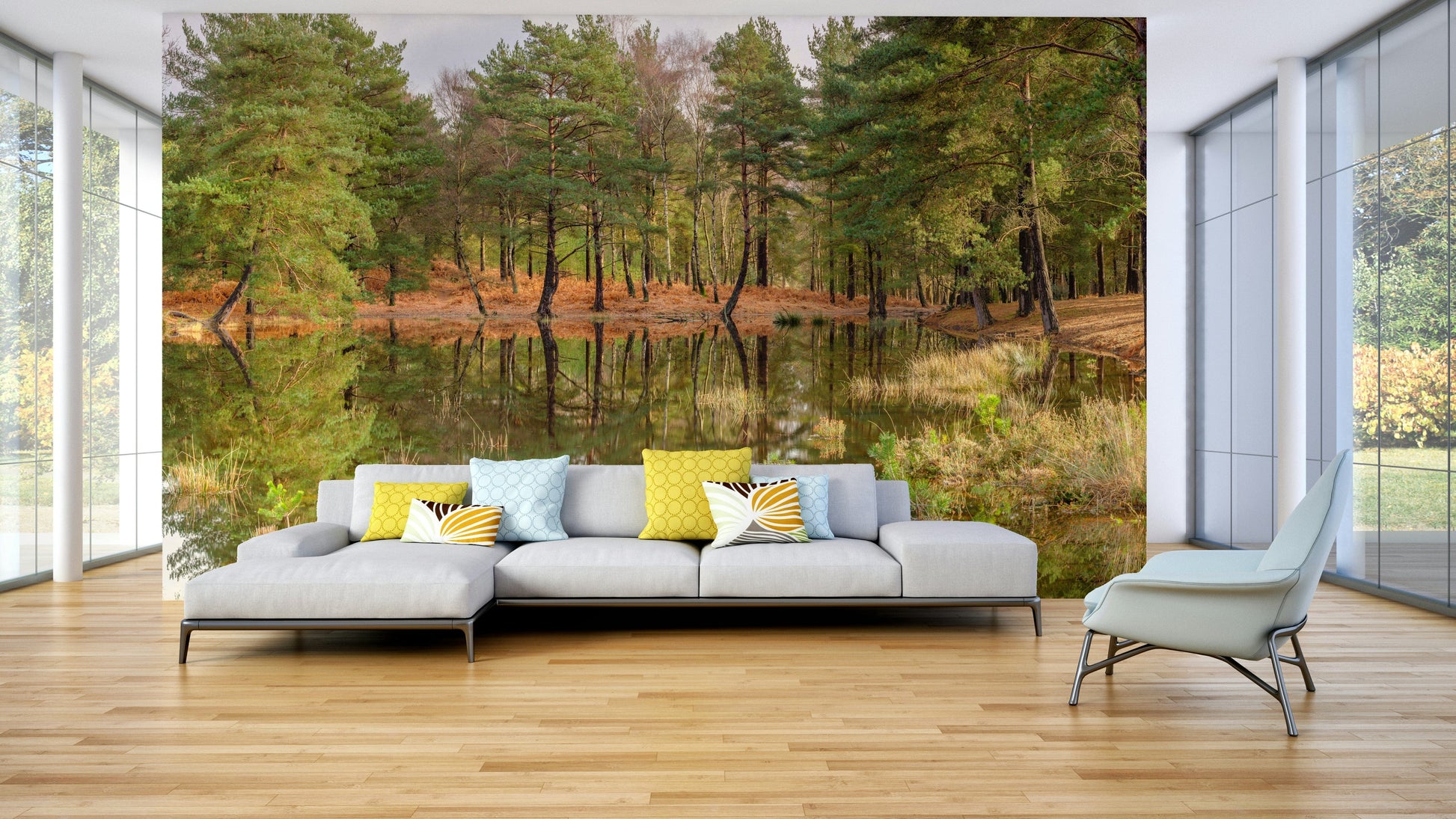 The mural shows a peaceful forest scene.

