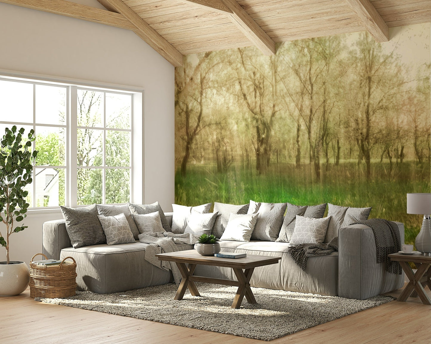 Green trees with soft light mural
