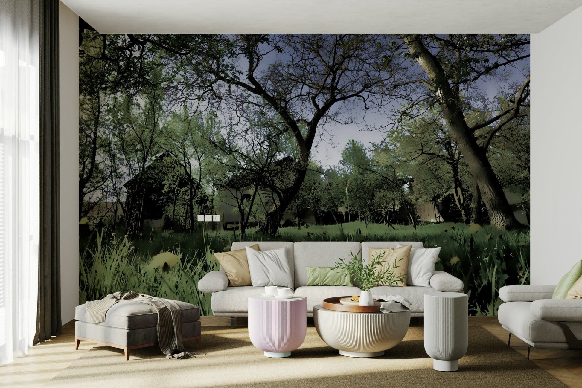 Lush green forest with tall trees.

