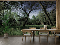 Varied shades of green and earthy tones.

