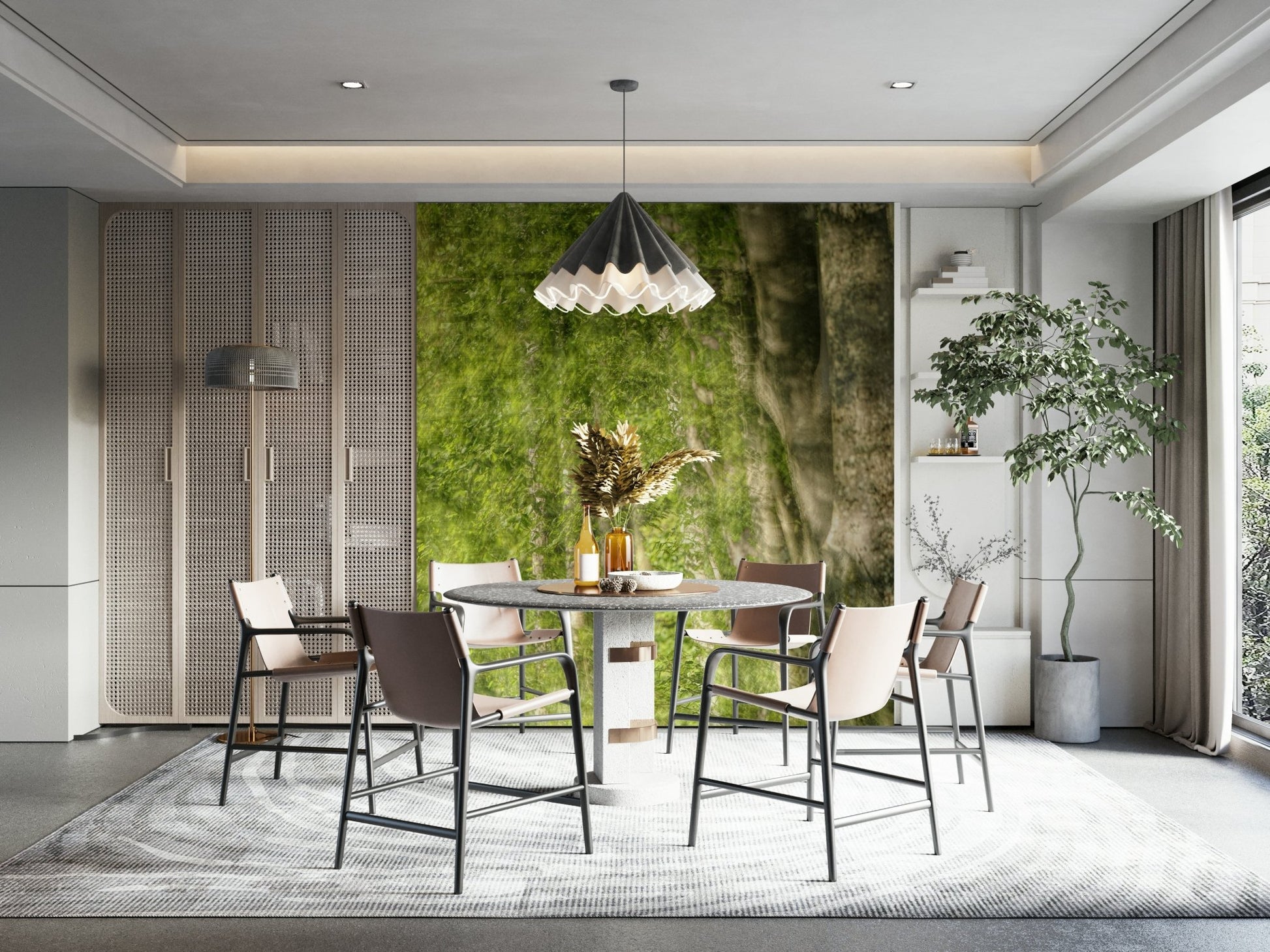 Lush green foliage and sunlight filtering through trees in a wall mural.

