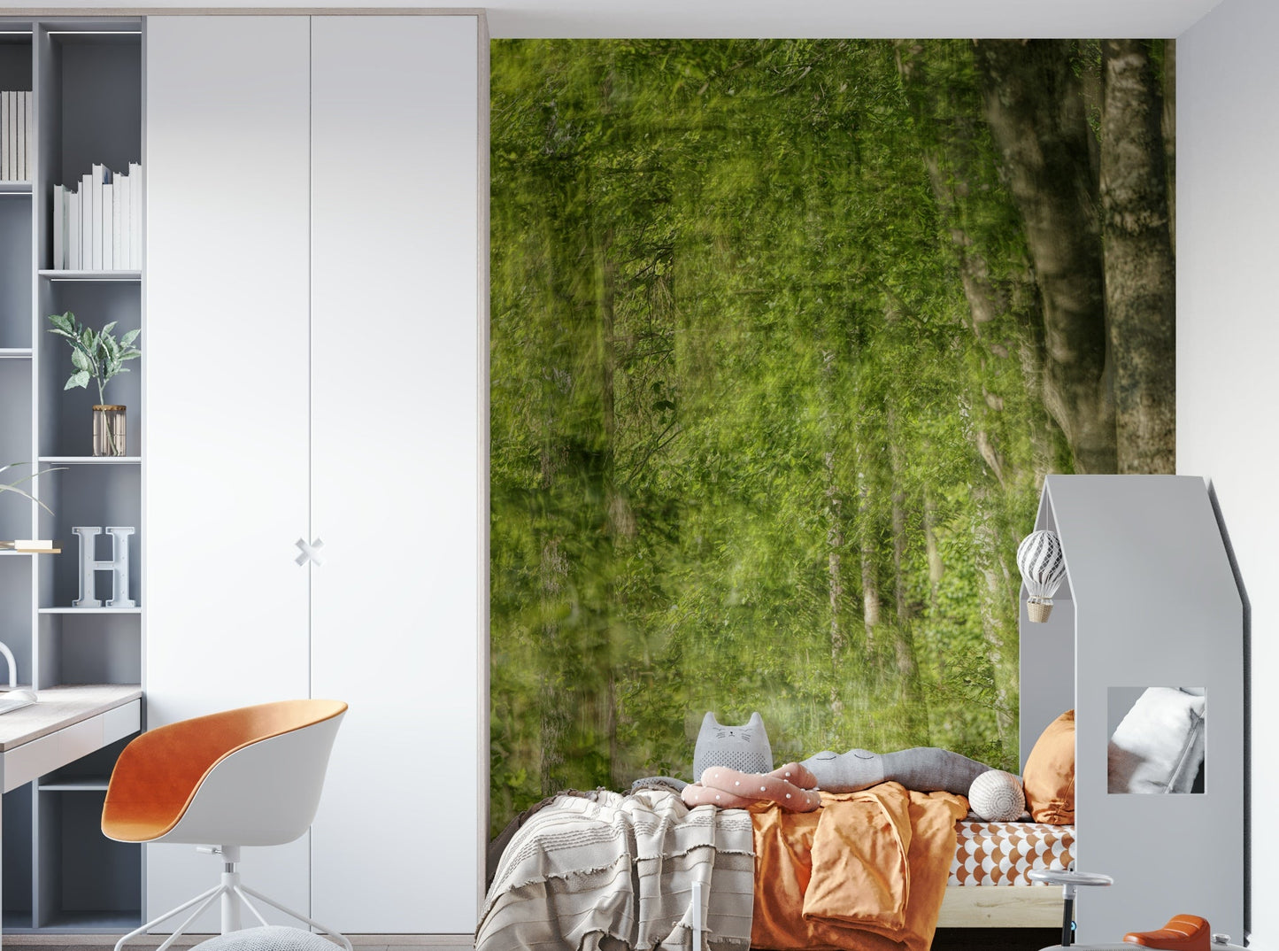 Peaceful forest path winding through vibrant green trees on a wall.

