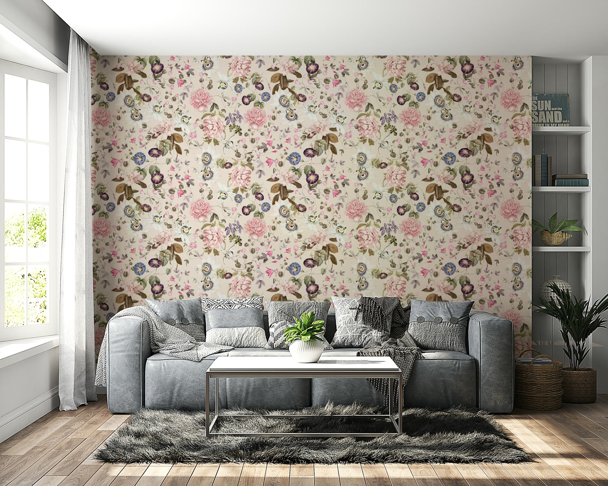 Light and airy floral wallpaper creating a serene garden feel


