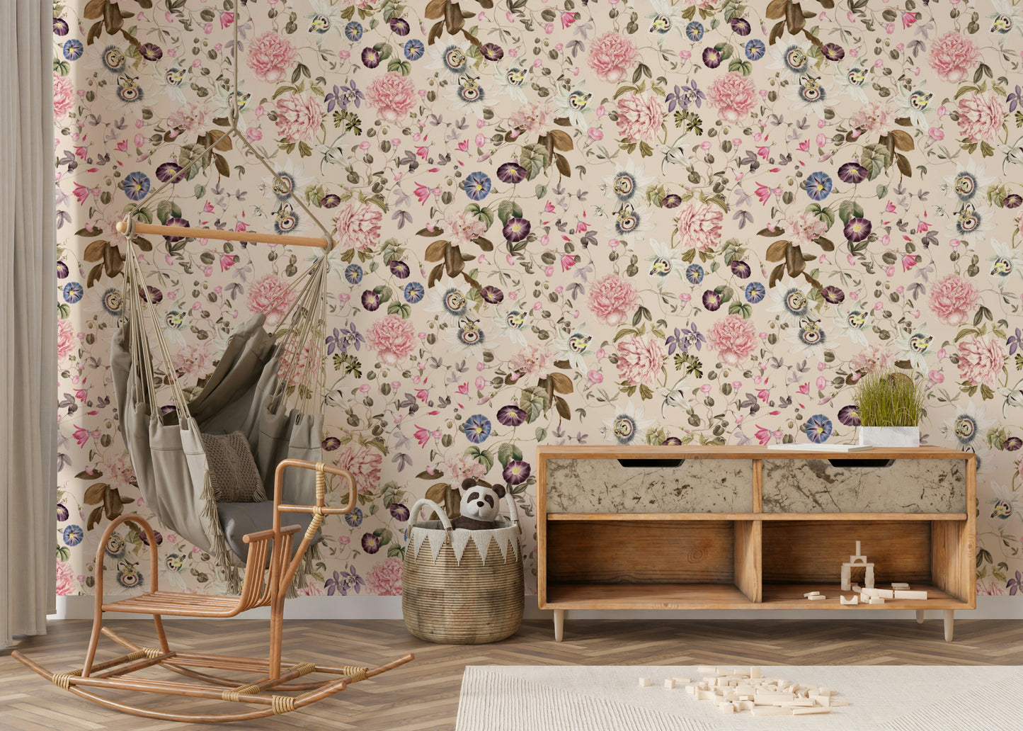 Floral wallpaper featuring delicate flowers and lush greenery

