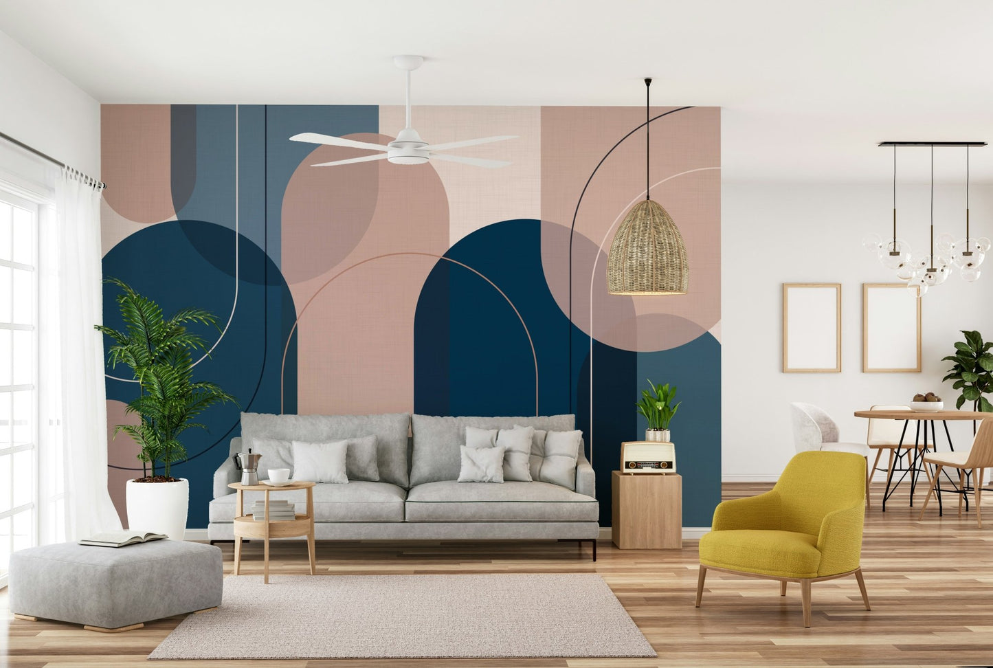 Serene geometric wall mural in pink and blue tones

